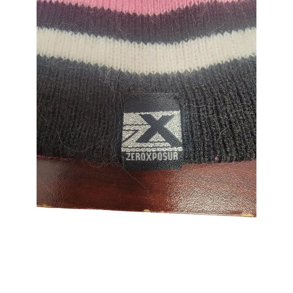 ZeroXposur Pink & Black Striped Pom-Pom Beanie One Size 100% Acrylic Winter Hat - Picture 2 of 7